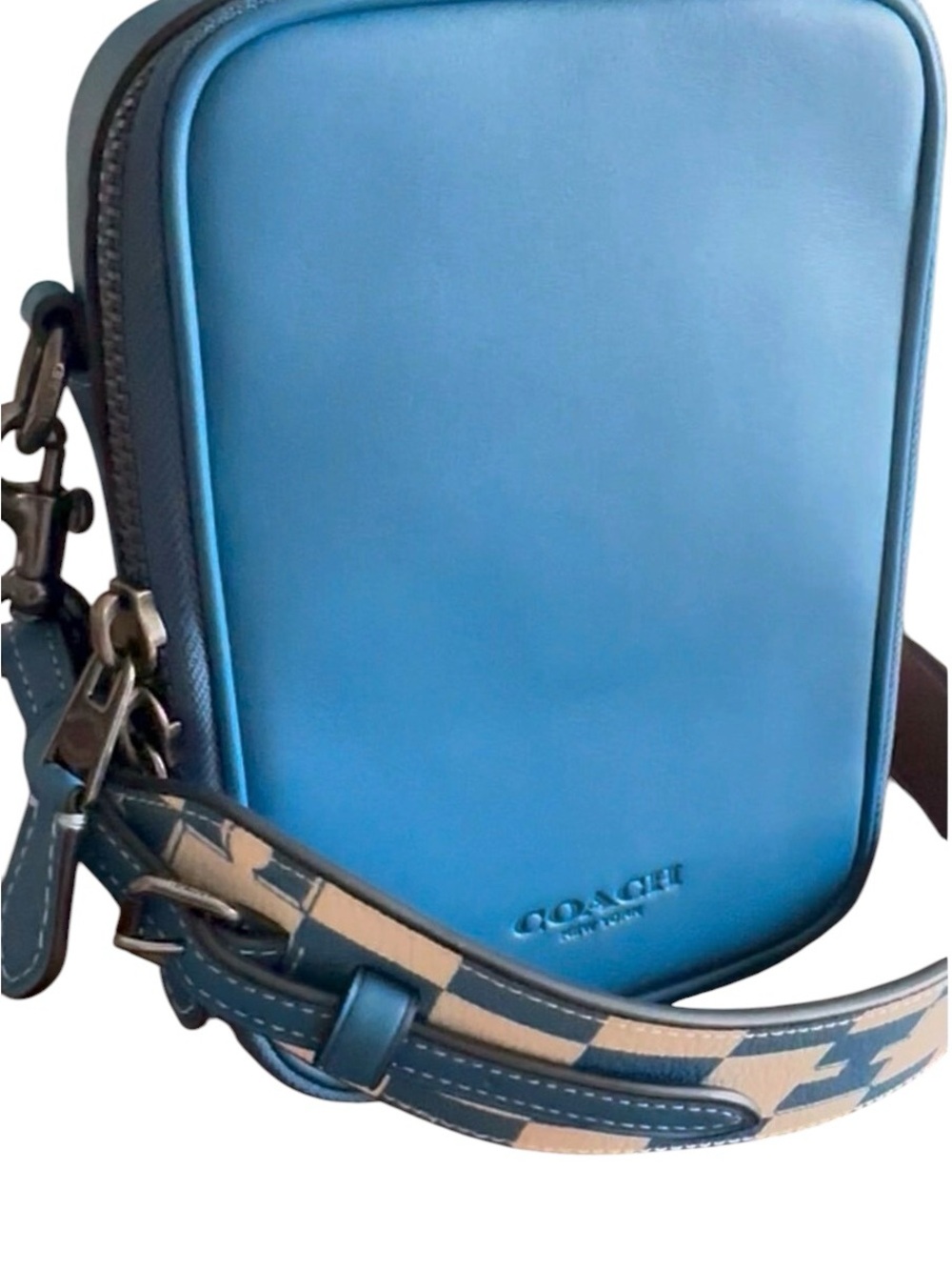 Coach Stanton Crossbody Bag UNISEX Blue Leather Checkered Strap CR307 NEW